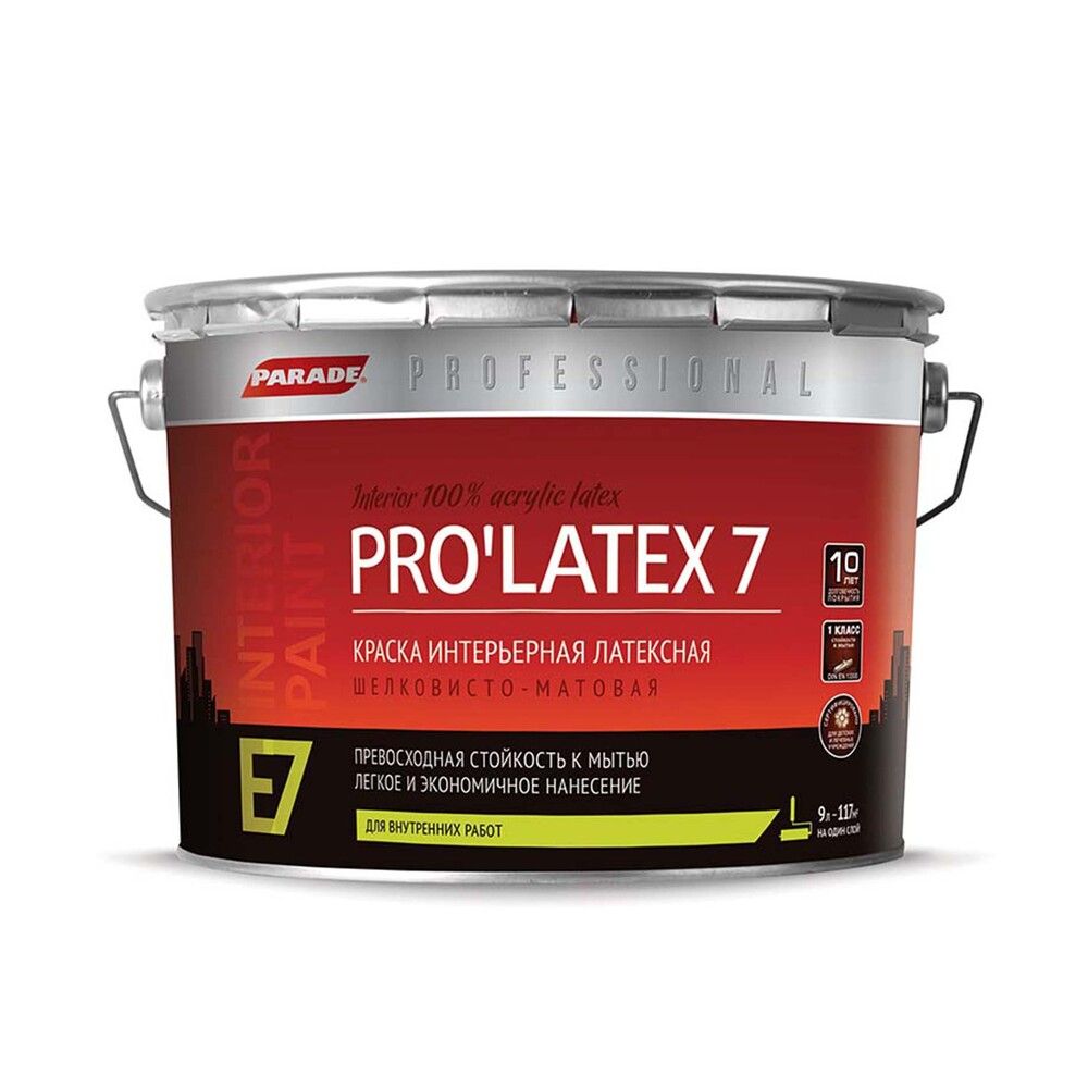 Pro краска. Parade professional e7 Pro’latex7 влагостойкая моющаяся полуматовая белый 9 л. Лак Parade l50 Aqua parquet полуматовый (9 л) акрил-уретановый. Краска фасадная Parade f20 база а. Parade Pro'latex е3.