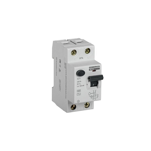УЗО Generica ВД1-63 63А 1P+N тип AC 100 мА 4,5 кА (MDV15-2-063-100)