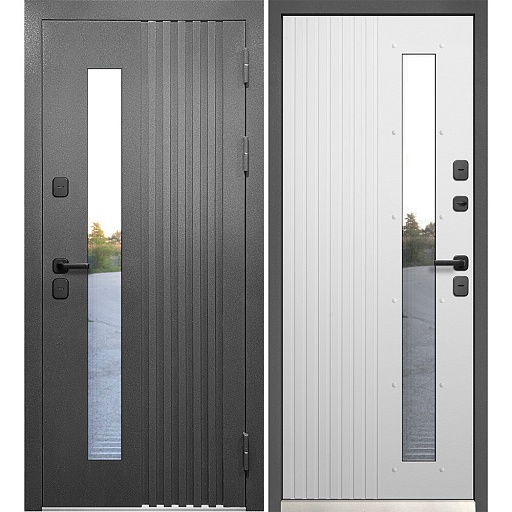 Дверь входная с терморазрывом Ferroni Luxor Termo Рейка правая графит серый муар - эмалит белый со стеклопакетом 860х2050 мм