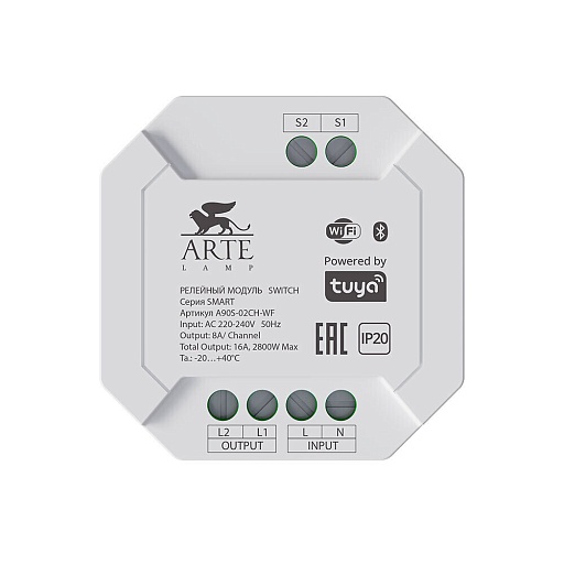 Умное реле для светодиодной ленты Arte Lamp Smart 220 В 2800 Вт IP20 (A90S-02CH-WF) Умное реле для светодиодной ленты Arte Lamp Smart 220 В 2800 Вт IP20 (A90S-02CH-WF)