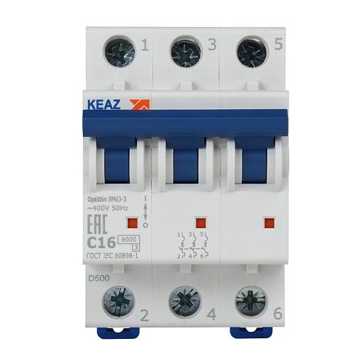 Автоматический выключатель модульный КЭАЗ OptiDin 3P 16А тип C 6 кА 380 В (260791)
