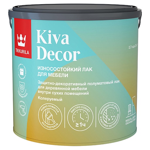 Лак акрилатный мебельный Tikkurila Kiva Decor основа EP бесцветный 2,7 л полуматовый Лак акрилатный мебельный Tikkurila Kiva Decor основа EP бесцветный 2,7 л полуматовый