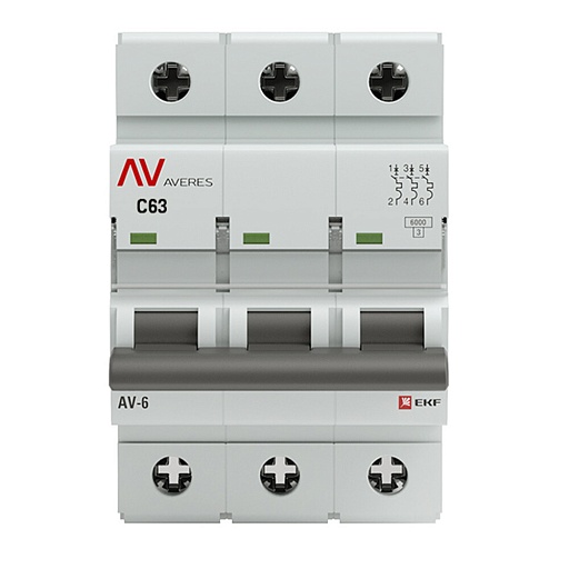 Автоматический выключатель модульный EKF Averes AV-6 3Р 63А тип C 6 кА 400 В (mcb6-3-63C-av) Автоматический выключатель модульный EKF Averes AV-6 3Р 63А тип C 6 кА 400 В (mcb6-3-63C-av)