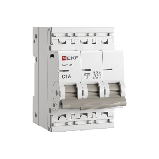 Автоматический выключатель модульный EKF PROxima ВА 47-63N 3P 16А тип C 6 кА 400 В (M636316C)