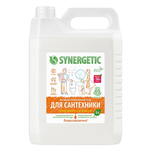 Средство Synergetic 5 в 1 для сантехники грейпфрут и апельсин 5 л Средство Synergetic 5 в 1 для сантехники грейпфрут и апельсин 5 л
