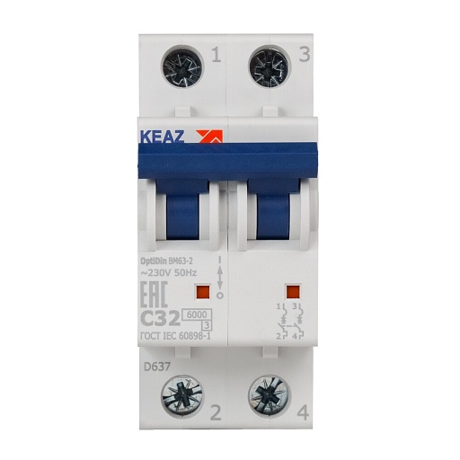 Автоматический выключатель модульный КЭАЗ OptiDin 2P 32А тип C 6 кА 220 В (260604) Автоматический выключатель модульный КЭАЗ OptiDin 2P 32А тип C 6 кА 220 В (260604)
