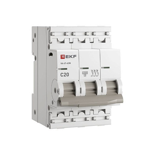 Автоматический выключатель модульный EKF PROxima ВА 47-63N 3P 20А тип C 4,5 кА 400 В (M634320C)