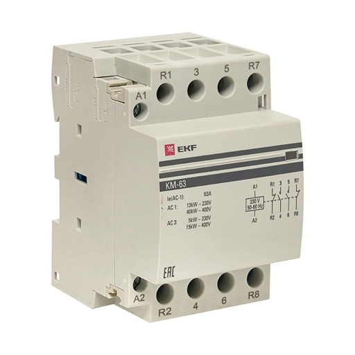 Контактор модульный EKF PROxima (km-3-63-22) 230-400 В 63 А тип AC 4Р Контактор модульный EKF PROxima (km-3-63-22) 230-400 В 63 А тип AC 4Р