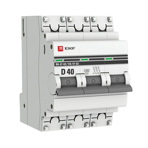 Автоматический выключатель EKF ВА 47-63 (mcb4763-3-40D-pro) 3P 40А тип AC 4,5 кА 400 В на DIN-рейку