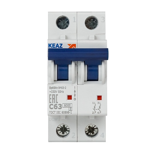 Автоматический выключатель модульный КЭАЗ OptiDin 2P 63А тип C 6 кА 220 В (260610) Автоматический выключатель модульный КЭАЗ OptiDin 2P 63А тип C 6 кА 220 В (260610)