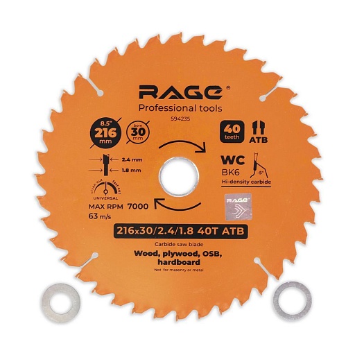 Диск пильный по дереву Rage by Vira Universal 216х30х1,8 мм 40 зубьев (594235)