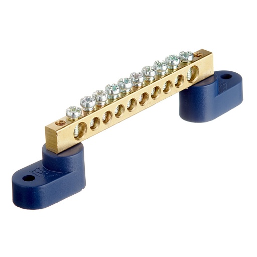 Шина нулевая на 2-х угловых изоляторах IEK 6х9 мм 10 отверстий синяя (YNN10-69-10C2-K07)