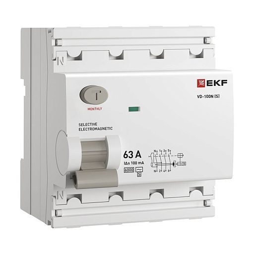 УЗО EKF PROxima ВД-100N (S) 63А 3P+N тип AC 100 мА 6 кА селективное (E1046MS63100) УЗО EKF PROxima ВД-100N (S) 63А 3P+N тип AC 100 мА 6 кА селективное (E1046MS63100)