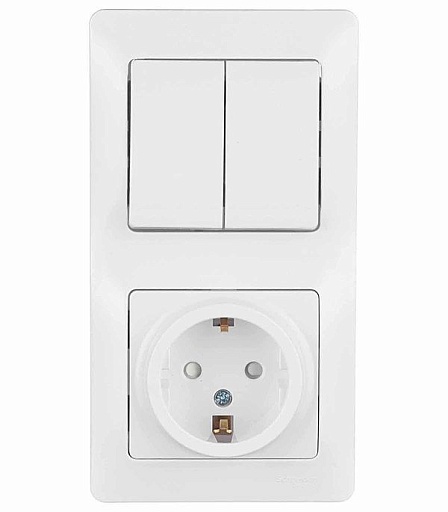 Блок выключатель и розетка Systeme Electric Glossa двухклавишный встраиваемый белый со шторками (GSL000174)