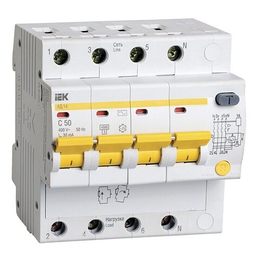 Автомат дифференциальный IEK Karat 50А 3P+N тип AC 30 мА 4,5 кА (MAD10-4-050-C-030)