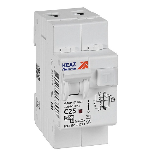 Автомат дифференциальный КЭАЗ OptiDin D63 25А 1P+N тип AC 30 мА 4,5 кА (328100)