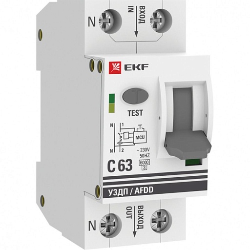 Устройство защиты от дугового пробоя EKF PROxima (afdd-2-63C-pro) 2P 63А тип С 230 В на DIN-рейку с автоматическим выключателем