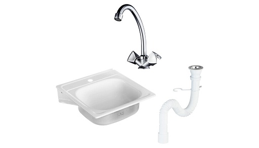 Мойка для кухни Сантэкс 50х50х16 см подвесная эмалированная с сифоном и смесителем РМС сталь белая (1701/30717985/SL119-271)