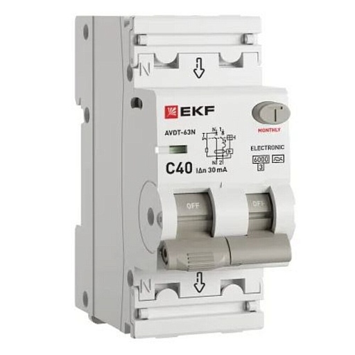Автомат дифференциальный EKF PROxima АВДТ-63N 40А 1P+N тип A 30 мА 6 кА (D63N26EA40C30)