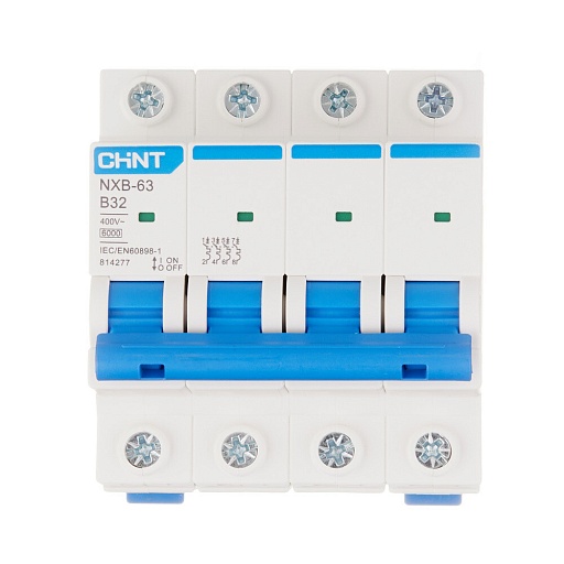 Автоматический выключатель модульный Chint NXB-63 4P 32А тип B 6 кА 400 В (814277) Автоматический выключатель модульный Chint NXB-63 4P 32А тип B 6 кА 400 В (814277)