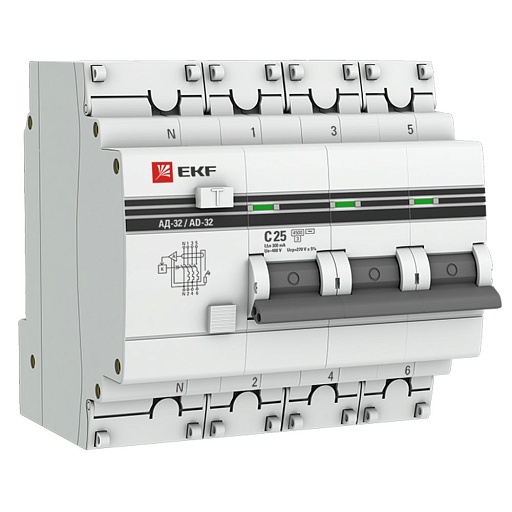 Автомат дифференциальный EKF PROxima АД-32 25А 3P+N тип AC 300 мА 4,5 кА (DA32-25-300-4P-pro)