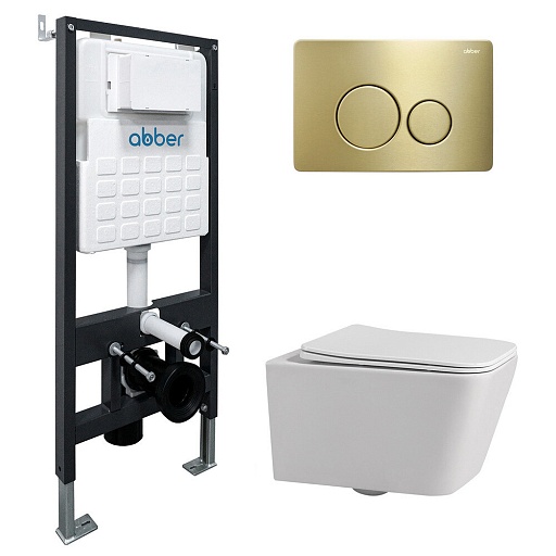 Комплект инсталляции Abber с унитазом Rechteck с кнопкой золото и сиденьем микролифт (AC1201-AC0105-AC0121MMG)