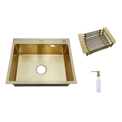 Мойка для кухни РМС 50х60х20 см врезная с коландером и дозатором сталь золото (MR-6050G) Мойка для кухни РМС 50х60х20 см врезная с коландером и дозатором сталь золото (MR-6050G)