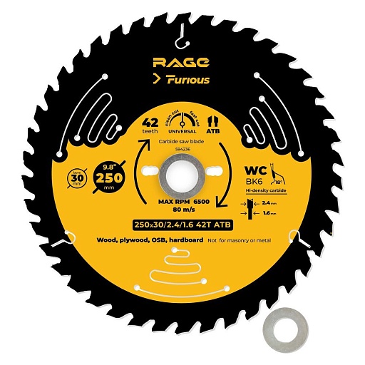 Диск пильный по дереву Rage Furious Universal (594236) 250х30х1,6 мм 42 зуба