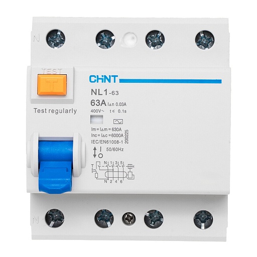 УЗО Chint NL1-63 63А 3P+N тип AC 30 мА 6 кА (200225) УЗО Chint NL1-63 63А 3P+N тип AC 30 мА 6 кА (200225)