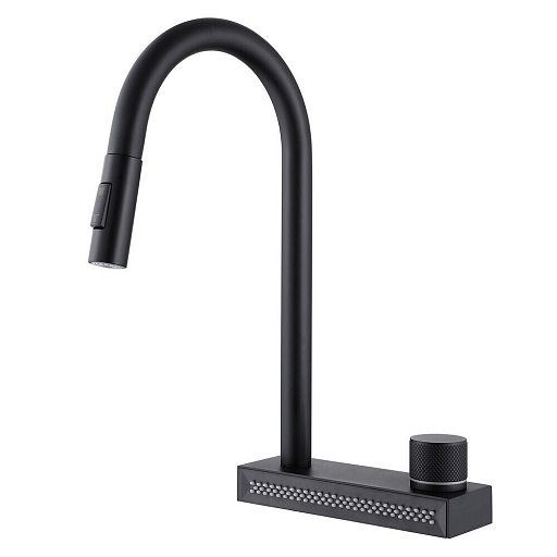 Смеситель для кухни Abber Kreis черный с высоким изливом с водопадом с вытяжной лейкой (AF8114B)