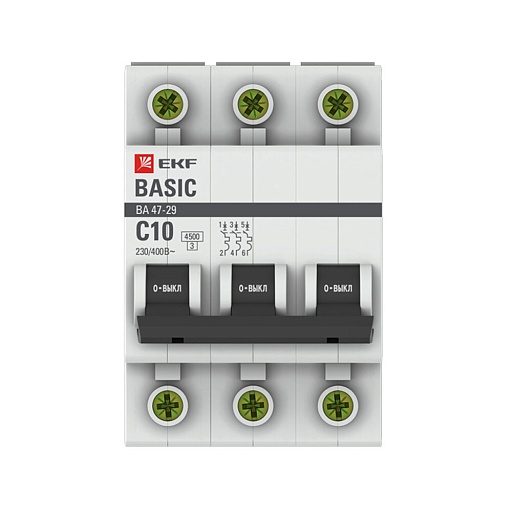 Автоматический выключатель модульный EKF Basic ВА 47-29 3P 10А тип C 4,5 кА 400 В (mcb4729-3-10C)