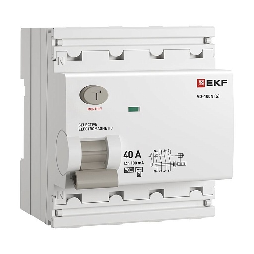УЗО EKF PROxima ВД-100N (S) 40А 3P+N тип AC 100 мА 6 кА селективное (E1046MS40100)