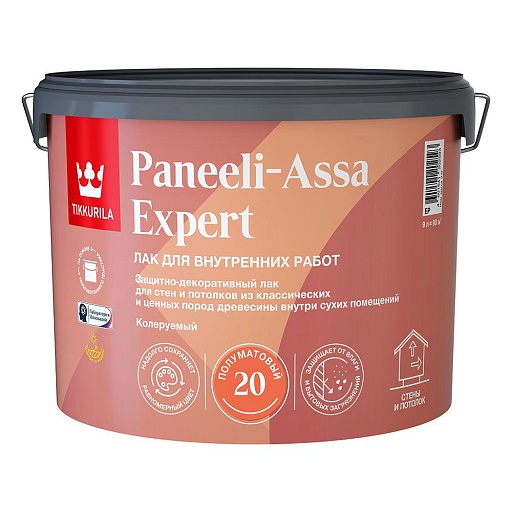 Лак акриловый интерьерный Tikkurila/Tikkivala Paneeli-Assa Expert основа EP бесцветный 9 л полуматовый Лак акриловый интерьерный Tikkurila/Tikkivala Paneeli-Assa Expert основа EP бесцветный 9 л полуматовый