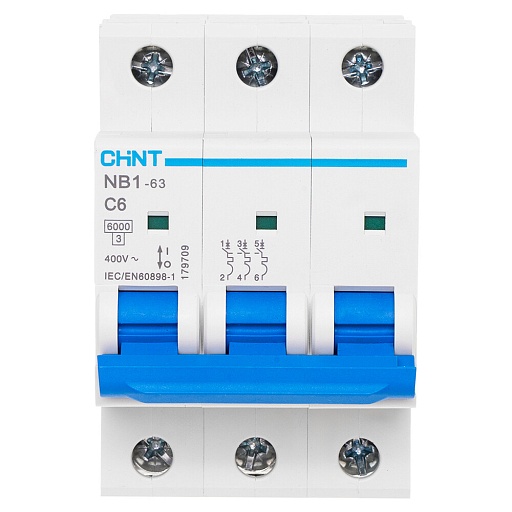 Автоматический выключатель модульный Chint NB1-63 3P 6А тип C 6 кА 400 В (179709) Автоматический выключатель модульный Chint NB1-63 3P 6А тип C 6 кА 400 В (179709)
