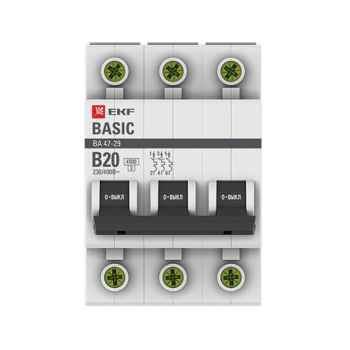 Автоматический выключатель модульный EKF Basic ВА 47-29 3P 20А тип B 4,5 кА 400 В (mcb4729-3-20-B)