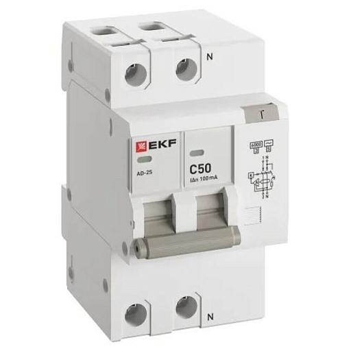 Автомат дифференциальный EKF PROxima АД-2 50А 1P+N тип AC 100 мА 6 кА (DA2-6-50-100S-pro)