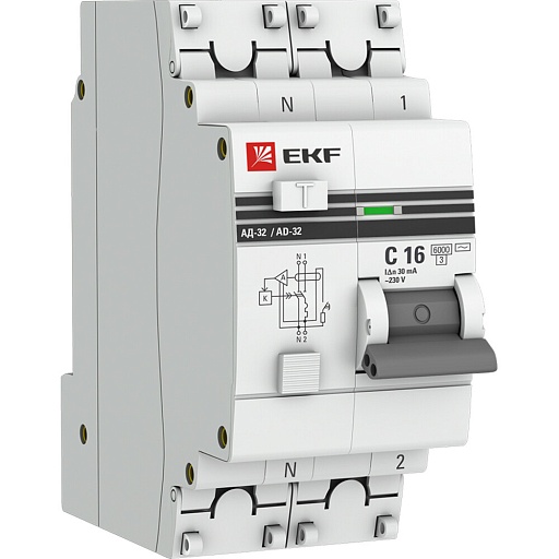 Автомат дифференциальный EKF PROxima АД-32 16А 1P+N тип AC 30 мА 6 кА (DA32-6-16-30-aс-pro)