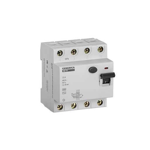 УЗО Generica ВД1-63 25А 3P+N тип AC 30 мА 4,5 кА (MDV15-4-025-030)
