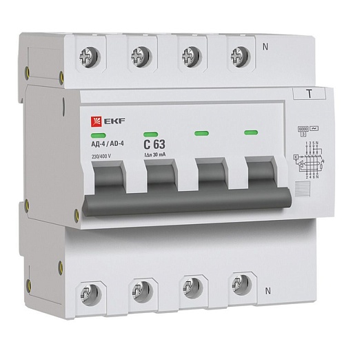 Автомат дифференциальный EKF PROxima АД-4 63А 3P+N тип AC 30 мА 6 кА (DA4-6-63-30-pro)