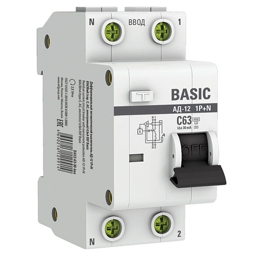 Автомат дифференциальный EKF Basic АД-12 63А 1P+N тип AC 30 мА 4,5 кА (DA12-63-30-bas)