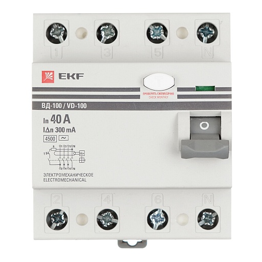 УЗО EKF PROxima ВД-100 40А 3P+N тип AC 300 мА 4,5 кА (elcb-4-40-300-em-pro) УЗО EKF PROxima ВД-100 40А 3P+N тип AC 300 мА 4,5 кА (elcb-4-40-300-em-pro)