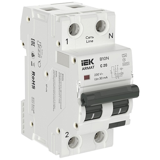 Автомат дифференциальный IEK Armat B10N 20А 1+N тип A 30 мА 10 кА (AR-B10N-1N-C020A030)
