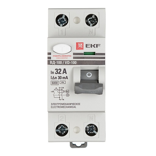 УЗО EKF PROxima ВД-100 32А 1P+N тип AC 30 мА 6 кА (elcb-2-6-32-30-em-pro)