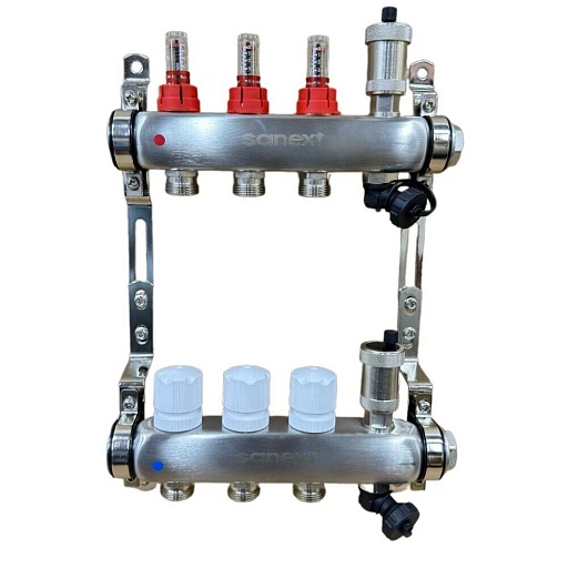 Коллекторная группа с расходомерами Sanext 1 ВР(г) х 3 выхода 3/4 НР(ш) ЕК х 1 ВР(г)
