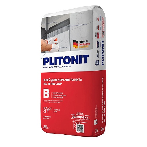Клей для плитки/ керамогранита/ клинкера Plitonit В усиленный армирующими волокнами серый класс C1 T 25 кг Клей для плитки/ керамогранита/ клинкера Plitonit В усиленный армирующими волокнами серый класс C1 T 25 кг