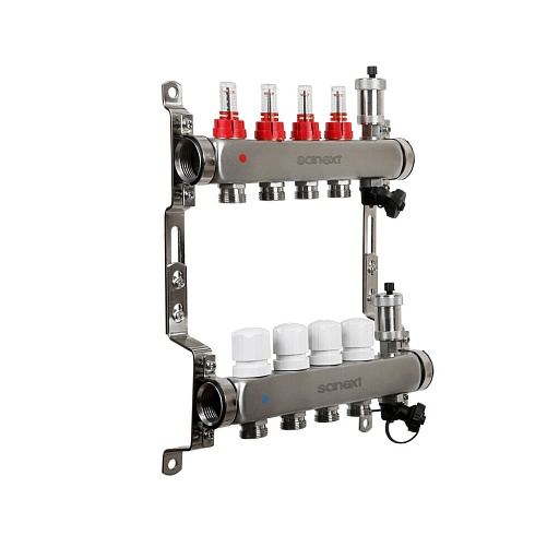 Коллекторная группа с расходомерами Sanext 1 ВР(г) х 4 выхода 3/4 НР(ш) ЕК х 1 ВР(г)