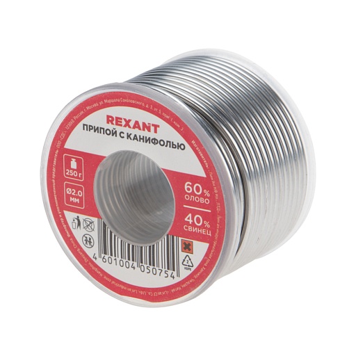 Припой Rexant d2 Sn60 Pb40 Flux 2.2% с канифолью 250 г (09-3323) Припой Rexant d2 Sn60 Pb40 Flux 2.2% с канифолью 250 г (09-3323)