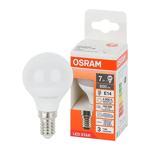 Лампа светодиодная Osram Е14 4000К 7 Вт 600 Лм 230 В шар матовая