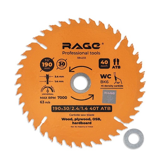 Диск пильный по дереву Rage by Vira Universal 190х30х1,4 мм 40 зубьев (594233)