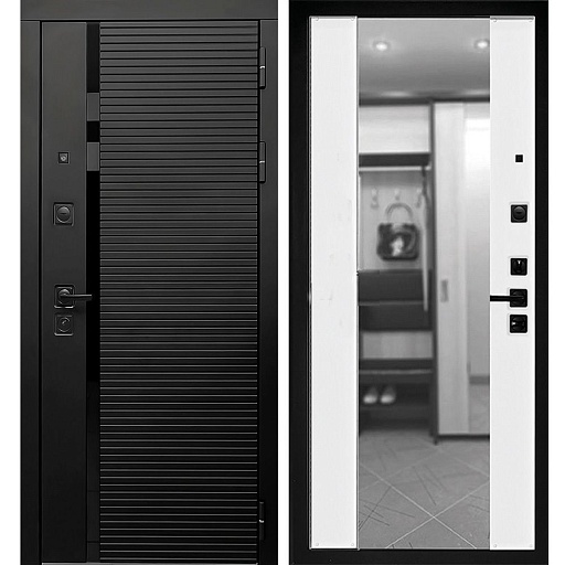 Дверь входная Дверной континент Палермо правая черный кварц - ясень белый софт с зеркалом 960х2050 мм